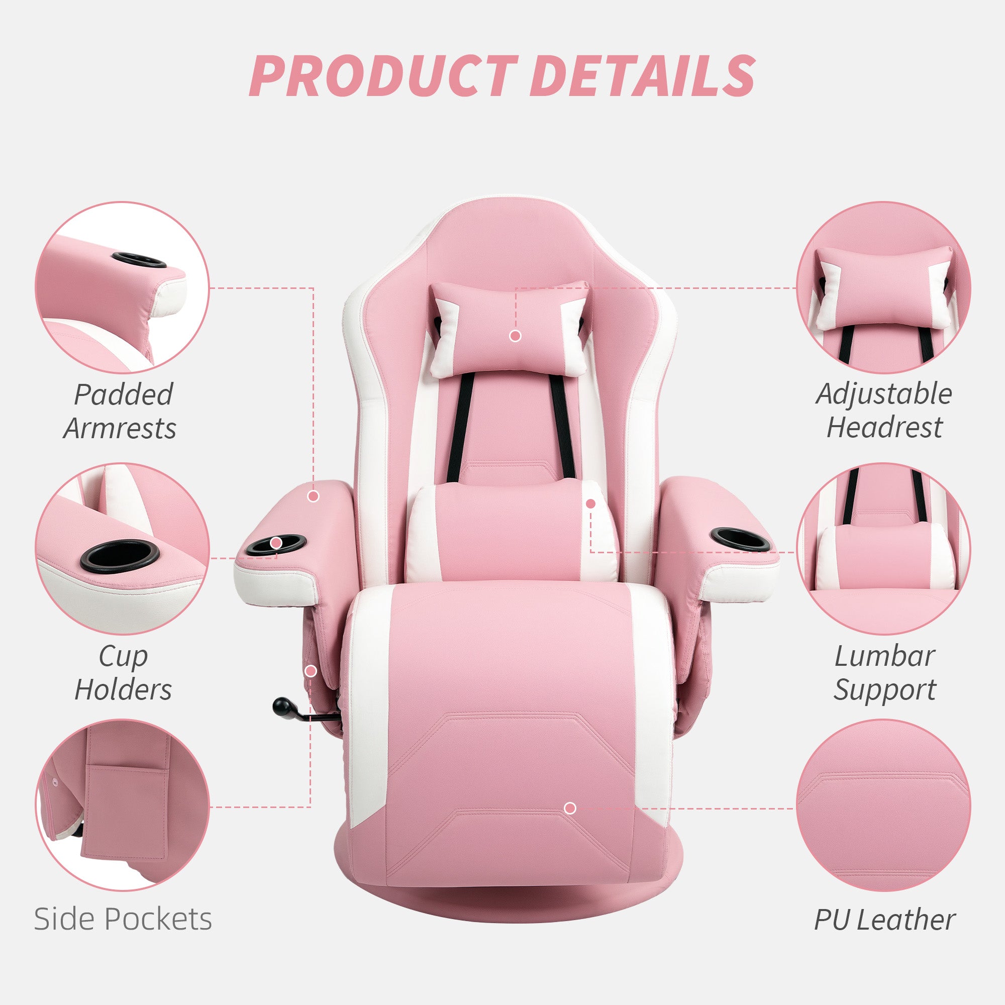HOMCOM Manual Recliner Armchair PU Leather Lounge Chair w Adjustable Leg Rest, 135° Reclining Function, 360° Swivel, Pink